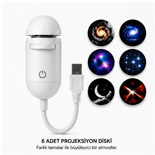 Galaksi Projektör — 6 Desen Diskli USB Yıldız Gece Lambası